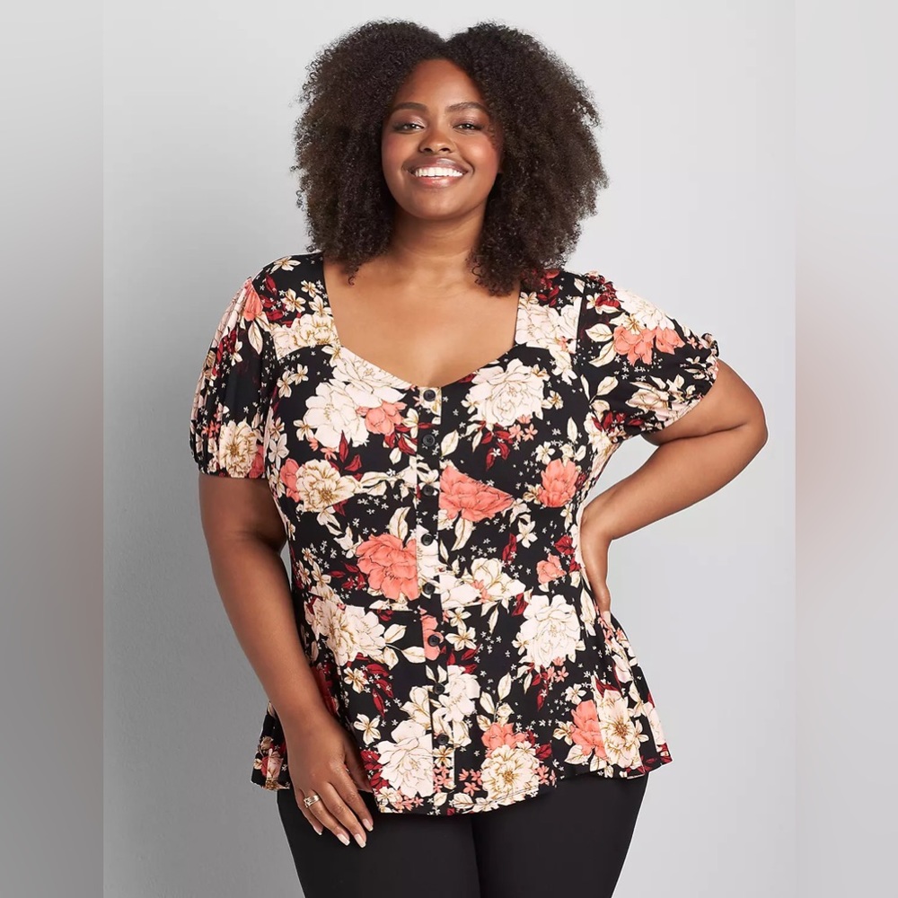 LANE BRYANT Princess-Sleeve Button-Front Peplum Top (28) (28W)